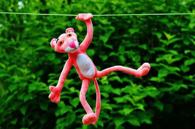 a pink stuffed animal hanging from a clothes line, inspired by Leo Leuppi, flickr, figuration libre, tony the tiger, fully posable, monkey limbs, high res photo