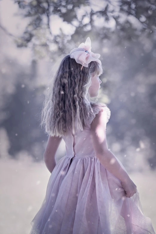 a little girl in a pink dress standing in a field, by Lucia Peka, digital art, outside in snow snowing, photo from behind, lavender blush, exquisite and smooth detail