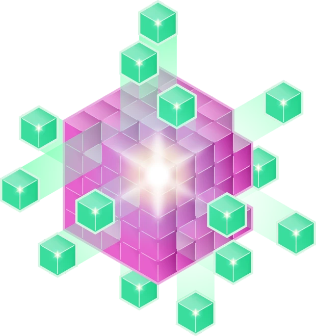 a bunch of cubes that are in the shape of a snowflake, a computer rendering, crystal cubism, vaporwave lighting style, diagram, multiverse portal, green matrix light