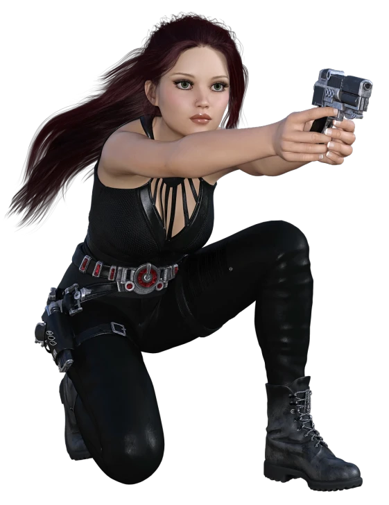 a woman in a black outfit holding a gun, a 3D render, inspired by Natasha Tan, red waist-long hair, full body shot close up, daz, confident action pose