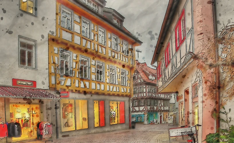 a painting of a street in a european city, a watercolor painting, by Robert Zünd, instagram, panfuturism, wooden buildings, [ digital art ]!!, germany, shopwindows