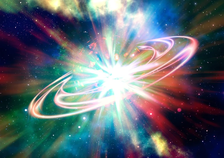 a close up of a star with a ring around it, an illustration of, shutterstock, light and space, colorful explosion, massive galaxy, high definition screenshot, computer generated