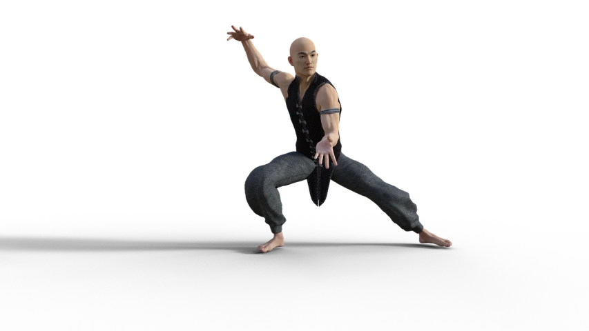 a man flying through the air while holding a tennis racquet, a digital rendering, inspired by Liao Chi-chun, bald male swashbuckler, mocap, mma southpaw stance, pose 4 of 1 6