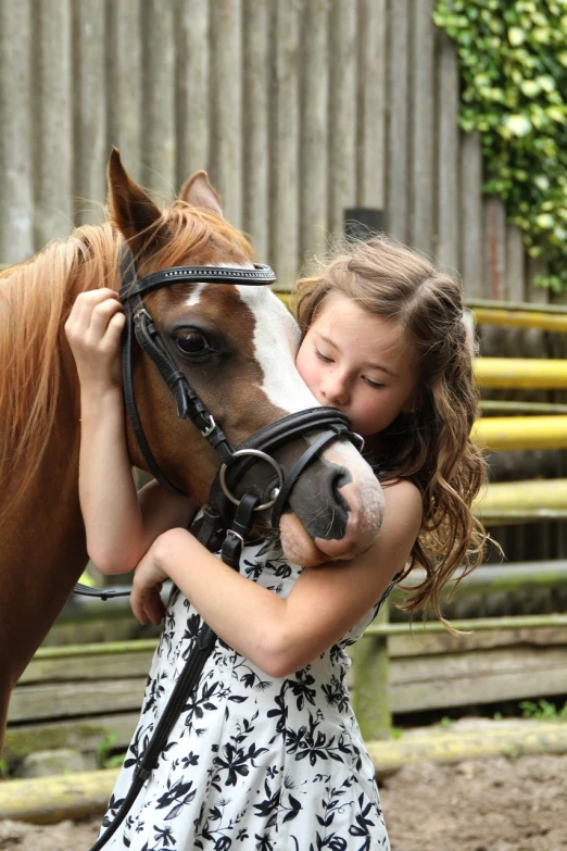 a little girl standing next to a brown and white horse, kissing, an award winning, modelling, hug