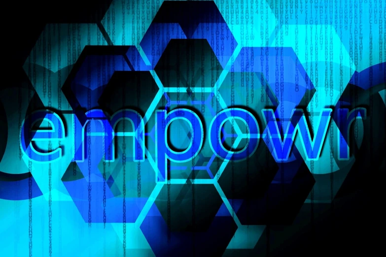 a computer screen with the word webcomp on it, a digital rendering, inspired by Andrew Domachowski, pixabay, digital art, hexagons, power, infographics. logo. blue, team ibuypower