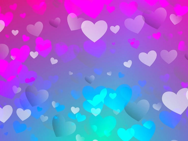 a bunch of hearts on a pink and blue background, a picture, inspired by Peter Alexander Hay, computer art, gradient and patterns wallpaper, colorful dark vector, bokeh iridescent accents, smooth stylized shapes