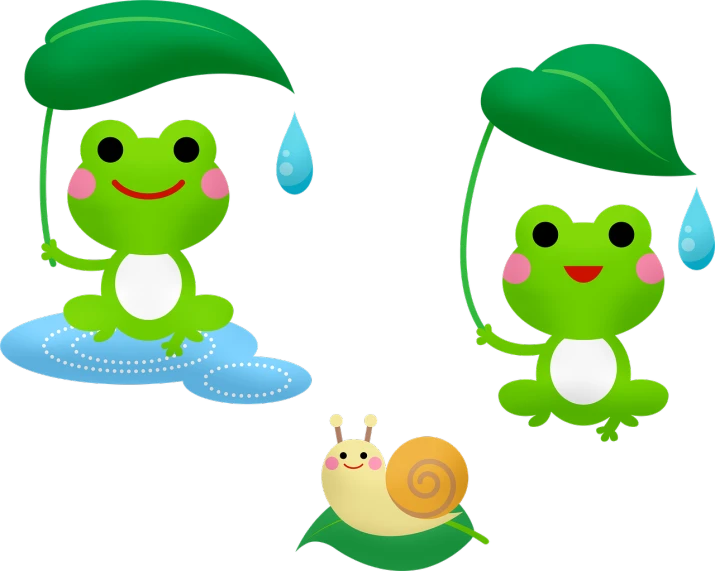 a couple of frogs sitting on top of a leaf, vector art, pixabay, mingei, snails vs worms, rain!!!!, around tree babies running, with a black background