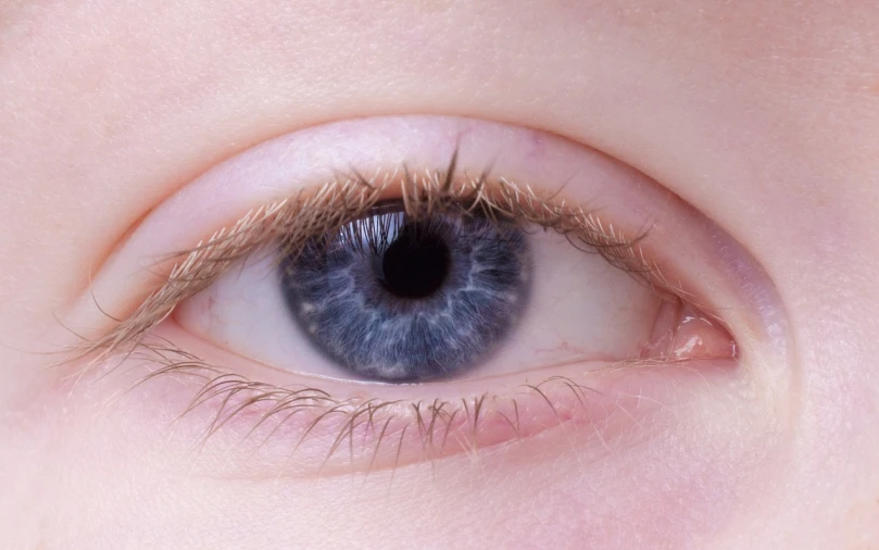 a close up of a child's blue eye, eye implants, worm\'s eye view, pale bluish skin, purple eye