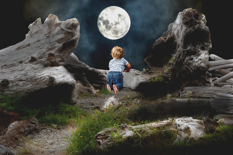 a little boy that is standing in the grass, inspired by Tom Chambers, pixabay contest winner, surrealism, looking at the full moon, with jagged rocks & eerie, sitting on a moon, toddler