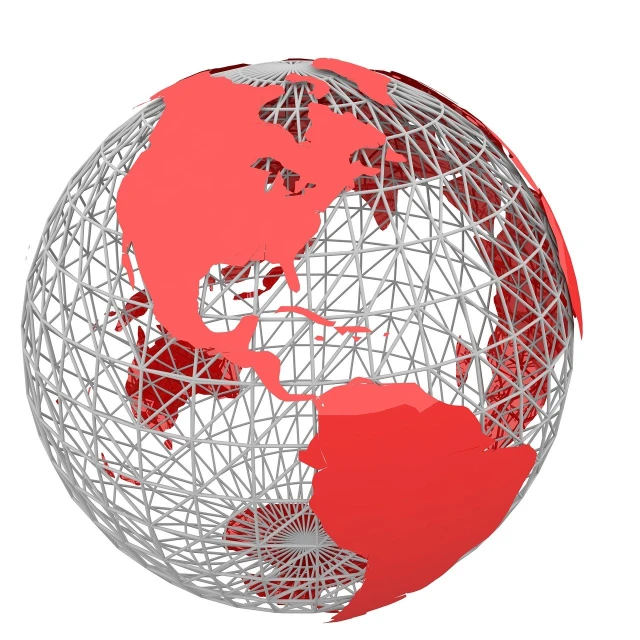 a red and silver globe on a white background, a digital rendering, inspired by Buckminster Fuller, there is a loose wire mesh, very high angle view, continents, moss