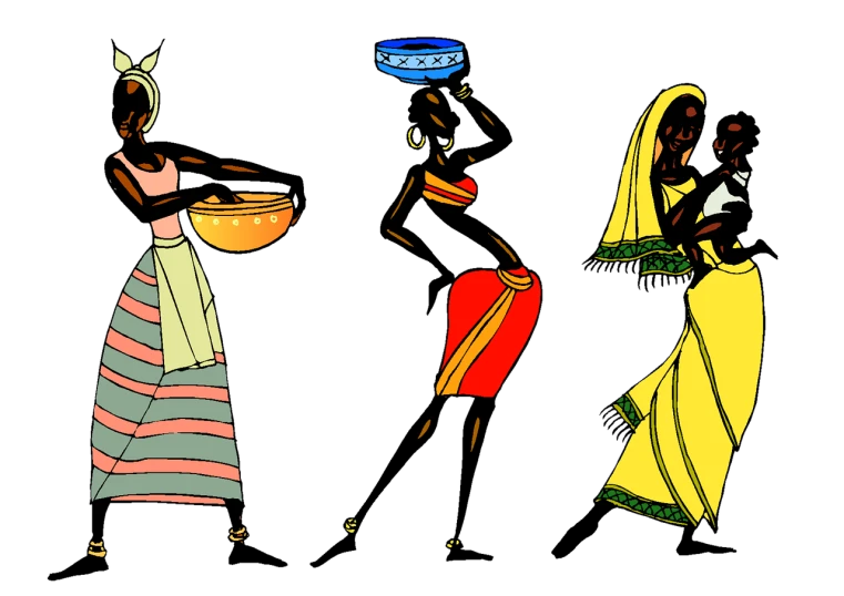 a couple of women standing next to each other, an illustration of, by Odhise Paskali, flickr, tribal dance, three women, dinner is served, high contrast illustration