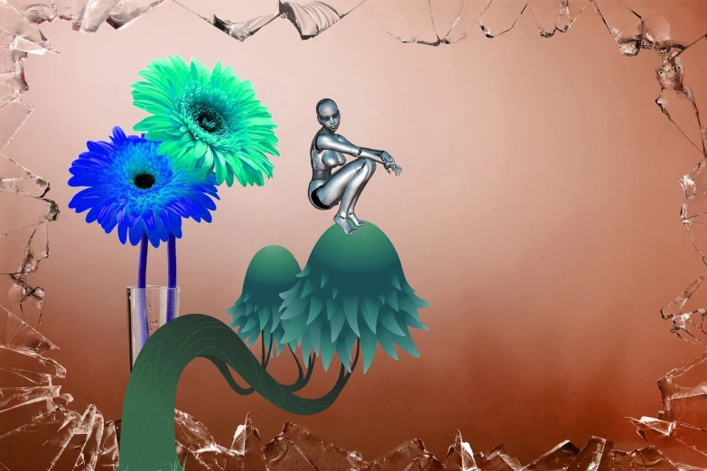 a vase filled with blue and green flowers, inspired by Dorothea Tanning, digital art, lascivious pose, wallpaper 4 k, bronze statue and silver, lying on an abstract