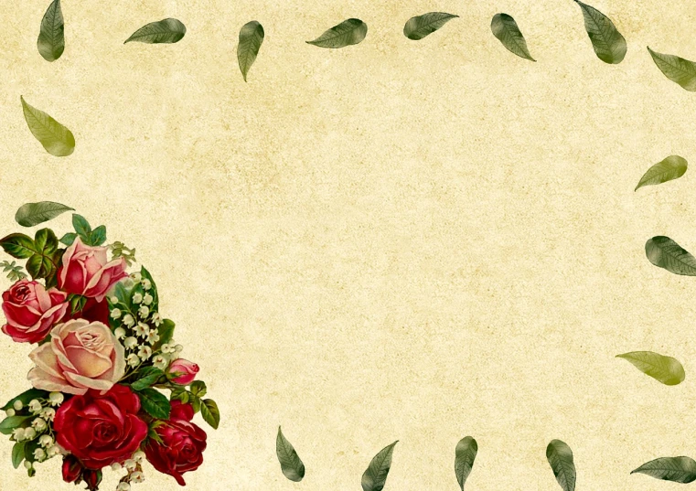 a bunch of flowers sitting on top of a table, a picture, romanticism, textured parchment background, with ornamental edges, background image, bottom angle