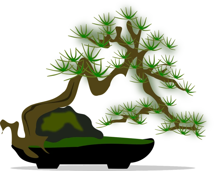 a cat standing in front of a bonsai tree, a digital rendering, inspired by Masamitsu Ōta, trending on pixabay, mingei, black backround. inkscape, totoro hiding behind tree, with trees and waterfalls, side view profile centered