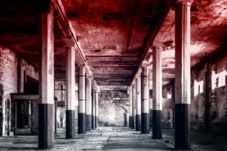 an empty room with columns and a fire hydrant, a colorized photo, inspired by Lajos Gulácsy, pexels contest winner, rayonism, abandoned night hangar, red and white color scheme, bloody walls, intense sunlight