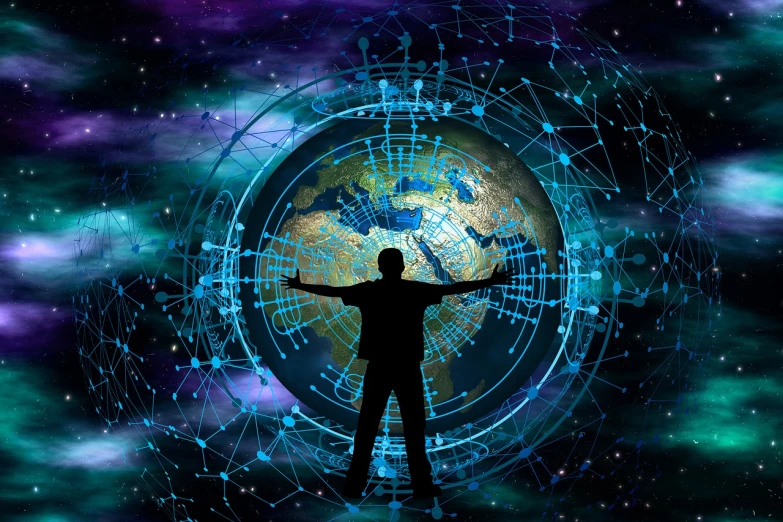 a man that is standing in front of a globe, digital art, connections, the energy is released, astrology, cyber installation