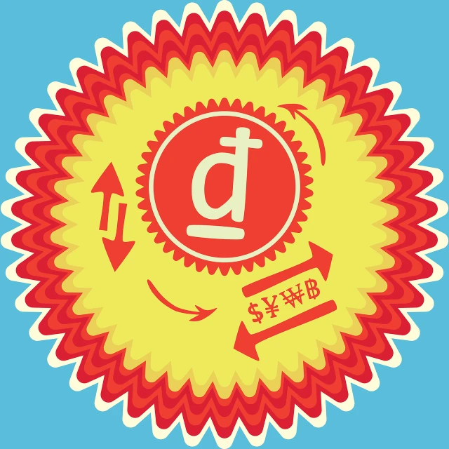 a red and yellow sticker with the letter d on it, by Andrew Domachowski, deviantart contest winner, dada, cogwheel, motion design, daisy, devanagari script