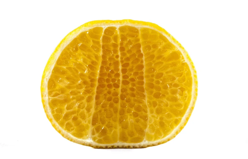 an orange cut in half on a white surface, a stipple, by Matt Stewart, peeled lemons, high detail product photo, isolated on white background, glossy yellow