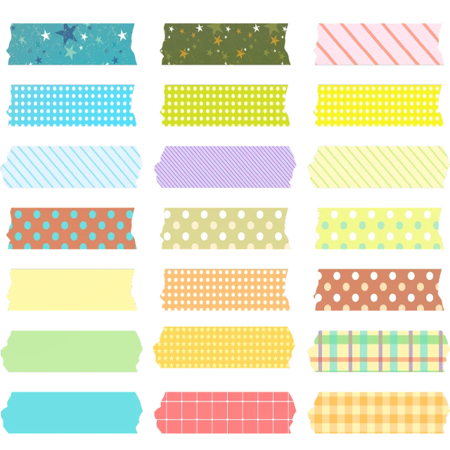 a set of washi tapes on a black background, a silk screen, colorful]”, asset sheet, star, puffy