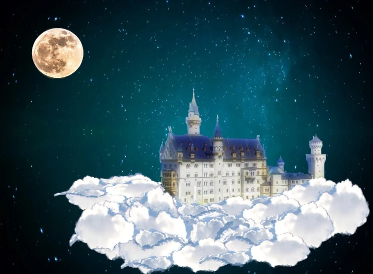 a castle in the sky with a full moon in the background, inspired by Matthias Jung, trending on pixabay, magical realism, sitting in a fluffy cloud, storybook wide shot :: hd, in the style of hans thoma, sweet dreams