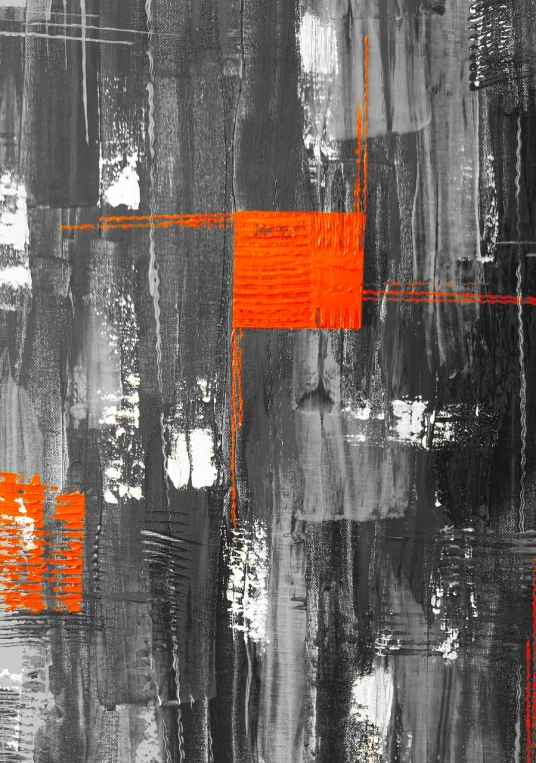 a black and white painting with orange squares, an abstract painting, inspired by Hans Hartung, pexels, abstract art, gray canvas, best on adobe stock, abstract!, ntricate oil painting