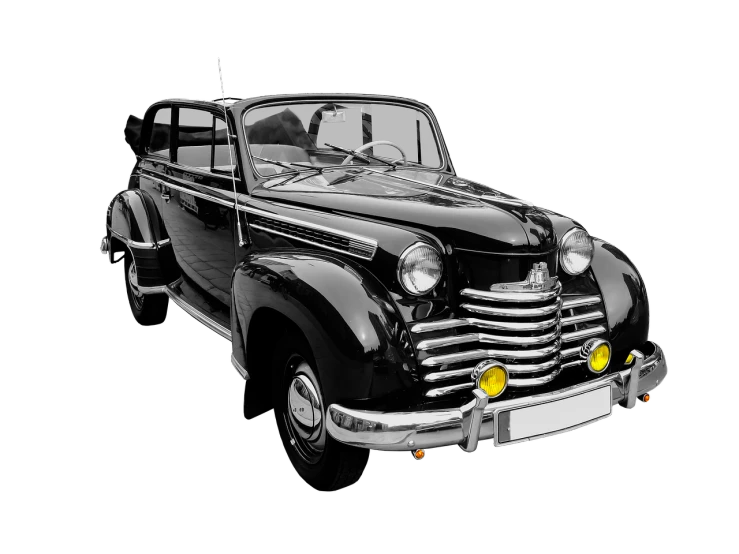 a black and white photo of a classic car, a digital rendering, by Ludwik Konarzewski, trending on pixabay, bauhaus, black and yellow color scheme, 1940s photo, with cool headlights, in style of stanislav vovchuk