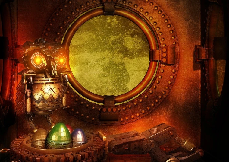 a clock sitting on top of a table next to a lamp, concept art, inspired by Chris Foss, polycount contest winner, looking at porthole window, steampunk armor, wallpaper for monitor, family photo