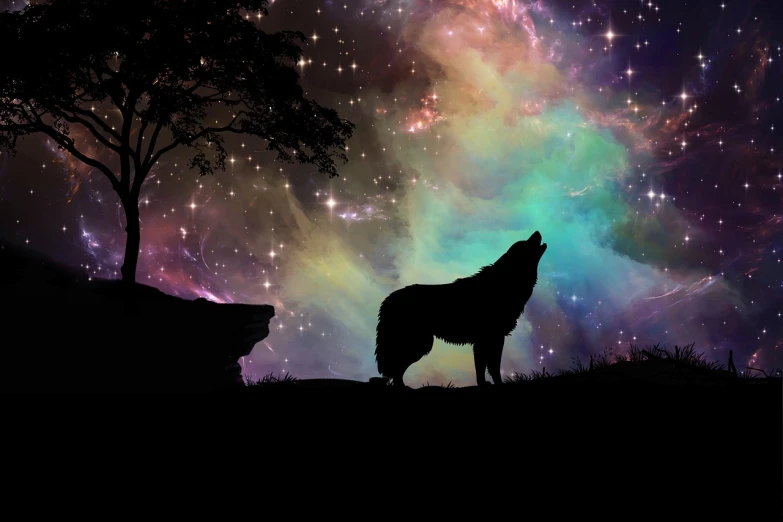 a wolf standing on top of a hill next to a tree, shutterstock, psychedelic art, colorful nebula background, silhouette!!!, very beautiful photo, werewolf”