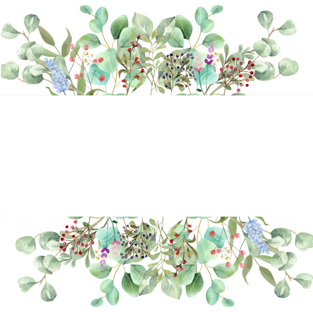 a floral frame with leaves and berries on a black background, a digital rendering, by Gusukuma Seihō, shutterstock, art deco, eucalyptus forest background, very cute, with a white background, high detail illustration