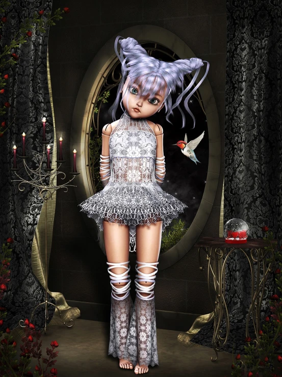 a woman that is standing in front of a mirror, a 3D render, inspired by Ray Caesar, gothic art, leotard and leg warmers, white dress!! of silver hair, lalafell, with cobwebs