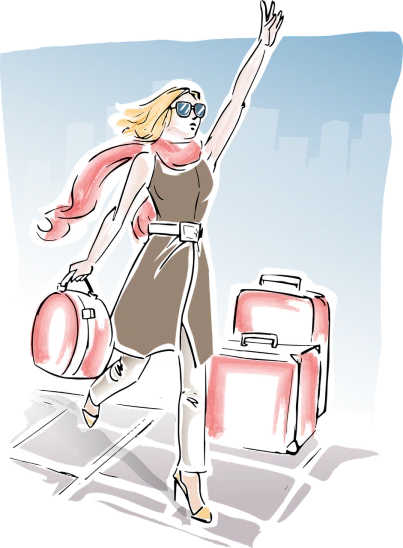 an image of a woman at the airport, an illustration of, by Melissa Benson, arms raised, driving through the city, fashionable woman, high contrast illustration
