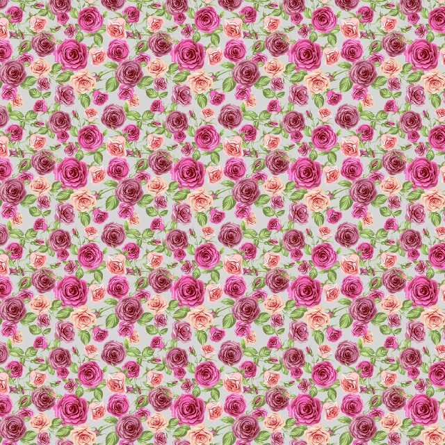 a pattern of pink roses with green leaves, a digital rendering, trending on pixabay, scrapbook paper collage, small red roses, pink and orange, fuschia skin