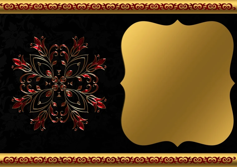 a gold frame with red flowers on a black background, by Sun Long, trending on pixabay, baroque, card, with ornate jewelled, fractal pattern background, in the background of gold