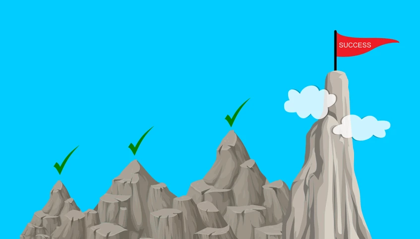 a mountain with a red flag on top of it, concept art, conceptual art, mobile game background, climbing up a cliffside, wikihow illustration, clouds background