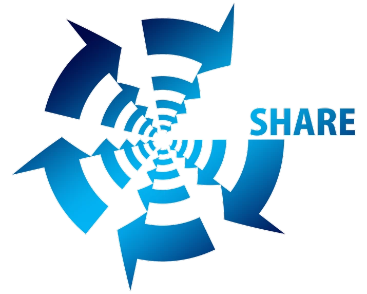 a blue logo with arrows and the words share, by Hans Schwarz, pixabay, shock art, sharp focus vector centered, rotating, back shark fin, fan art