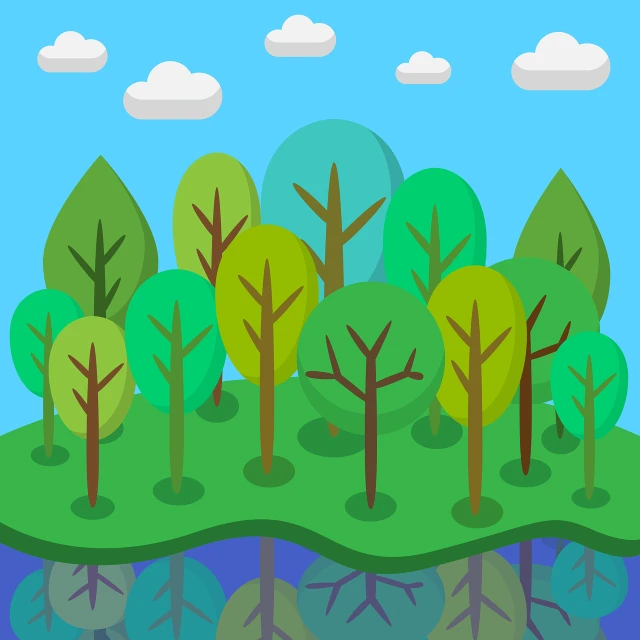 a group of trees sitting on top of a lush green field, vector art, ecological art, paper cutouts of plain colors, build in a forest near of a lake, colorful flat design, river in the wood