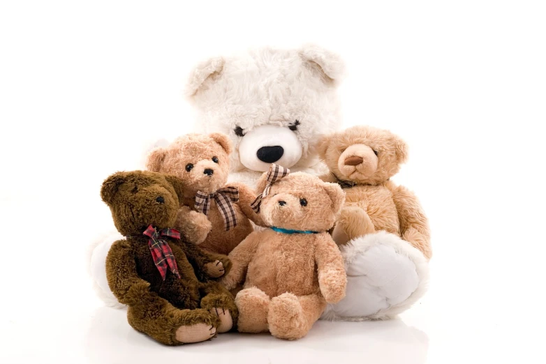 a group of teddy bears sitting next to each other, a picture, by Aleksander Gierymski, shutterstock, isolated on white background, daddy, full - length photo, bumps