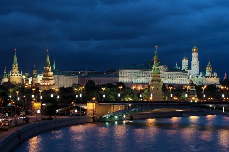 a bridge over a body of water with a castle in the background, by Fyodor Rokotov, flickr, moscow kremlin, humid evening, photo of putin, by joseph binder
