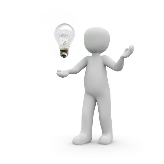 a person with a light bulb in his hand, a picture, trending on pixabay, realism, 3d character, white body, product introduction photo, iq 4