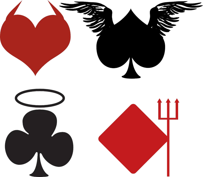 a set of four different types of playing cards, by Justin Sweet, symbolism, with two pairs of wings, siluettes, devil stuff, (heart)