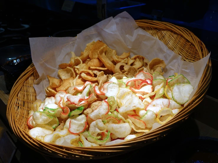 a basket full of food sitting on top of a counter, by Basuki Abdullah, flickr, process art, chips, shikishi, shrimp, crisp and clear