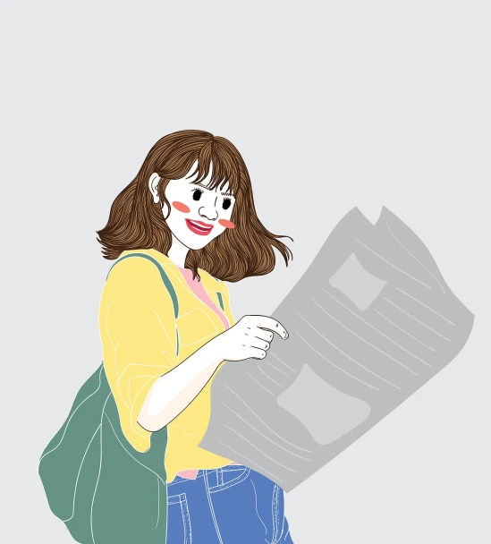 a cartoon drawing of a woman reading a newspaper, a picture, by Oka Yasutomo, shutterstock, color vector, college students, on a gray background, poster illustration