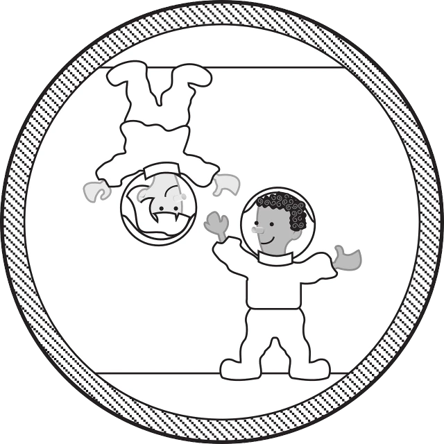 a person doing a handstand in a circle, a cartoon, astronauts, black and white coloring, with two characters, inside stylized border