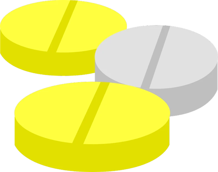 three yellow and white pills on a black background, a digital rendering, inspired by Masamitsu Ōta, pixabay, de stijl, silver and yellow color scheme, round base, vectorized, rice