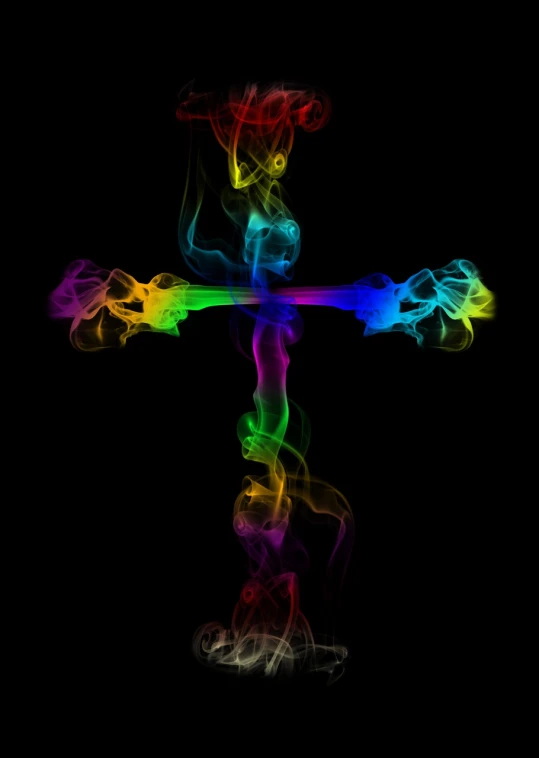 a cross made of colored smoke on a black background, shutterstock, in hoc signo vinces, wallpaper”, rainbow bg, smoking