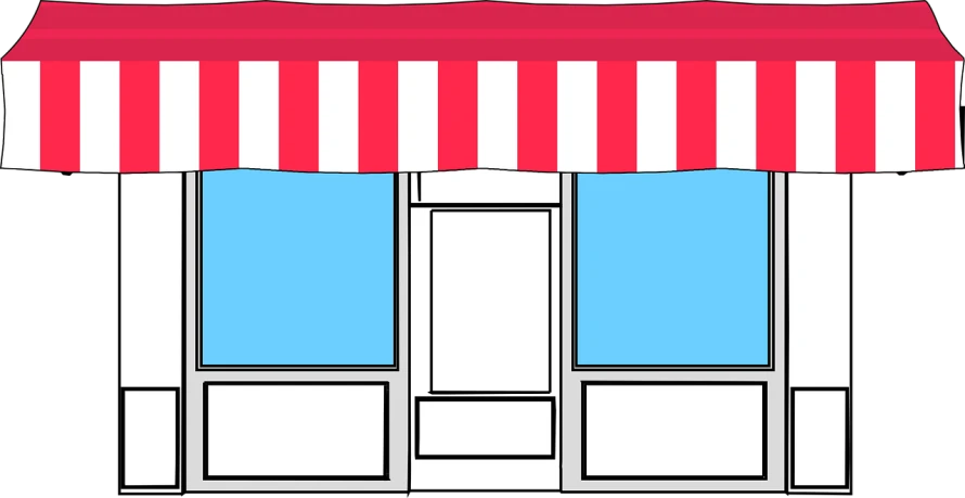 a store front with a red and white awning, pixabay, pop art, clean lineart and flat color, view from front, short cartoon strip, white background!!!!!!!!!!