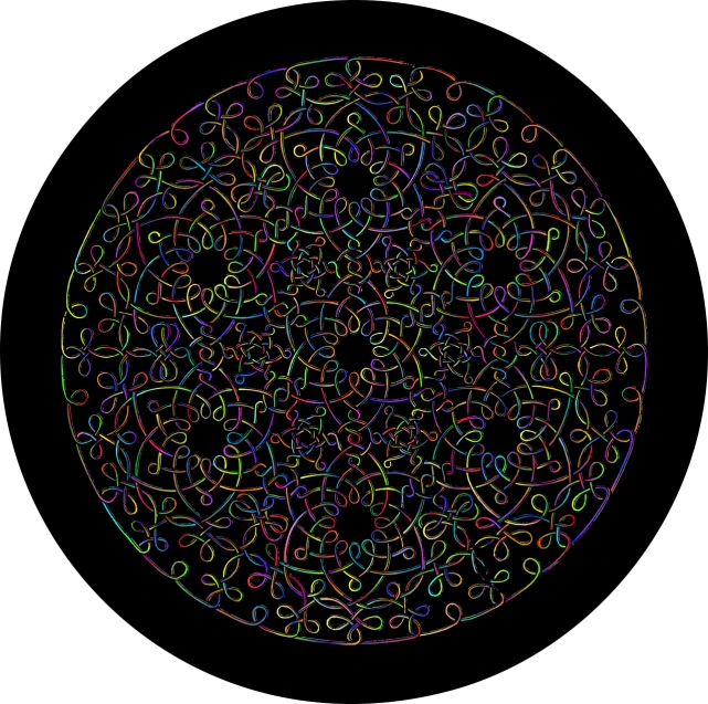 a colorful circular design on a black background, by Andrei Kolkoutine, generative art, intricate filigree, sol lewitt, no gradients, subtle multicolored light