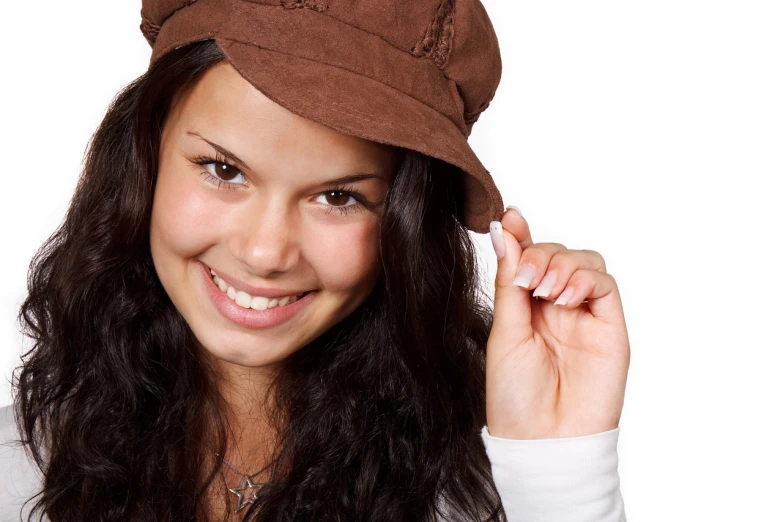 a beautiful young woman wearing a brown hat, a stock photo, by Aleksander Gierymski, shutterstock, hailee steinfeld, perfect smile and tooth, unclipped fingernails, teenage female schoolgirl