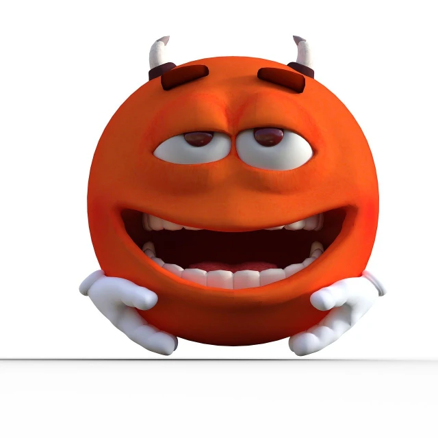 an orange with horns sticking out of it's mouth, digital art, inspired by Heinz Anger, round red m & m figure, evil standing smiling pose, computer cgi, background is white