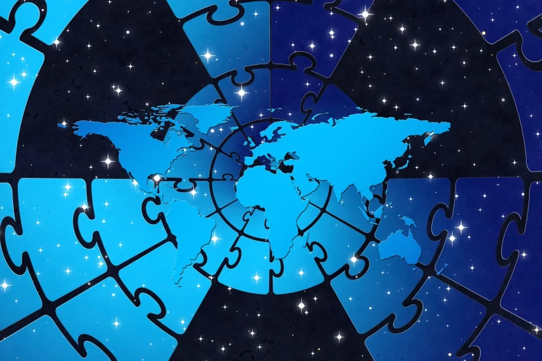 a clock with a world map in the middle of it, a jigsaw puzzle, by Jon Coffelt, pixabay, precisionism, beautiful space star planet neon, sky blue, ( ( illustration, stock photo